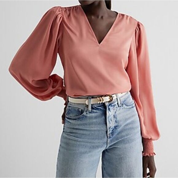 Express V-Neck Long Puff Sleeve Smocked Cuff Coral Blouse Satin Pullover Top XS - Picture 2 of 10